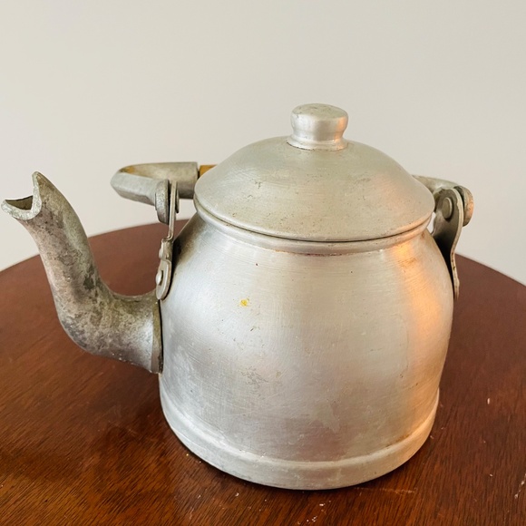 Vintage Aluminum teapot with a wooden handle, Vintage Rustic Teapot - Picture 2 of 4